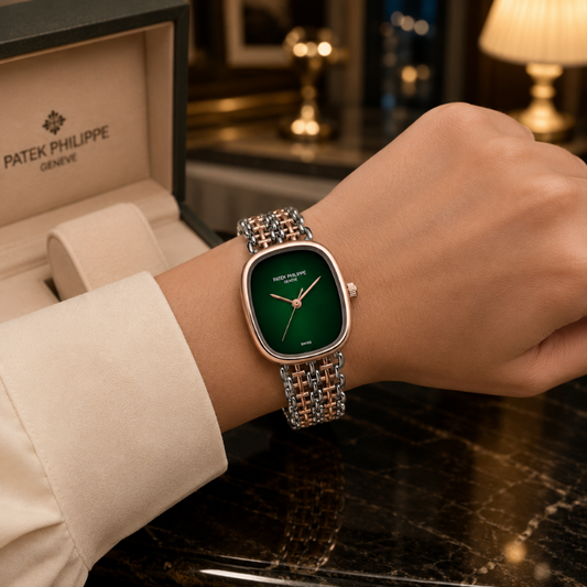 Pa_tek Phi_lippe Women's Analog Green Dial Watch with Rose Gold & Silver Stainless Steel Bracelet | Luxury Quartz Wrist Watch