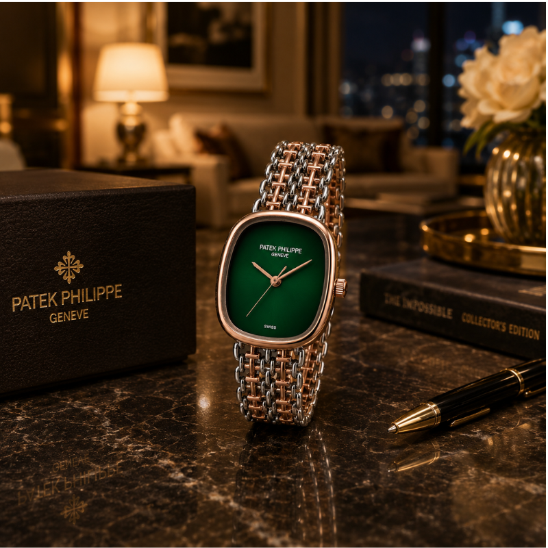Pa_tek Phi_lippe Women's Analog Green Dial Watch with Rose Gold & Silver Stainless Steel Bracelet | Luxury Quartz Wrist Watch