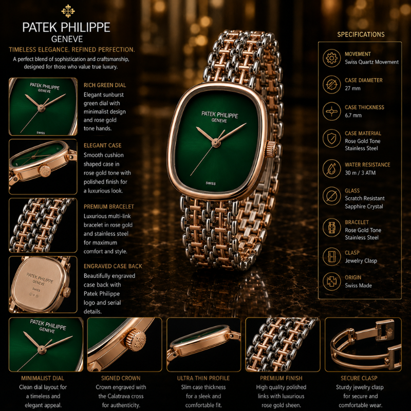 Pa_tek Phi_lippe Women's Analog Green Dial Watch with Rose Gold & Silver Stainless Steel Bracelet | Luxury Quartz Wrist Watch