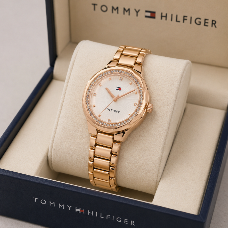 Tom_my Hil_figer Women's Analog White Dial Watch with Rose Gold Stainless Steel Bracelet | Crystal Bezel Luxury Wrist Watch