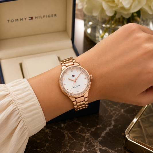 Tom_my Hil_figer Women's Analog White Dial Watch with Rose Gold Stainless Steel Bracelet | Crystal Bezel Luxury Wrist Watch