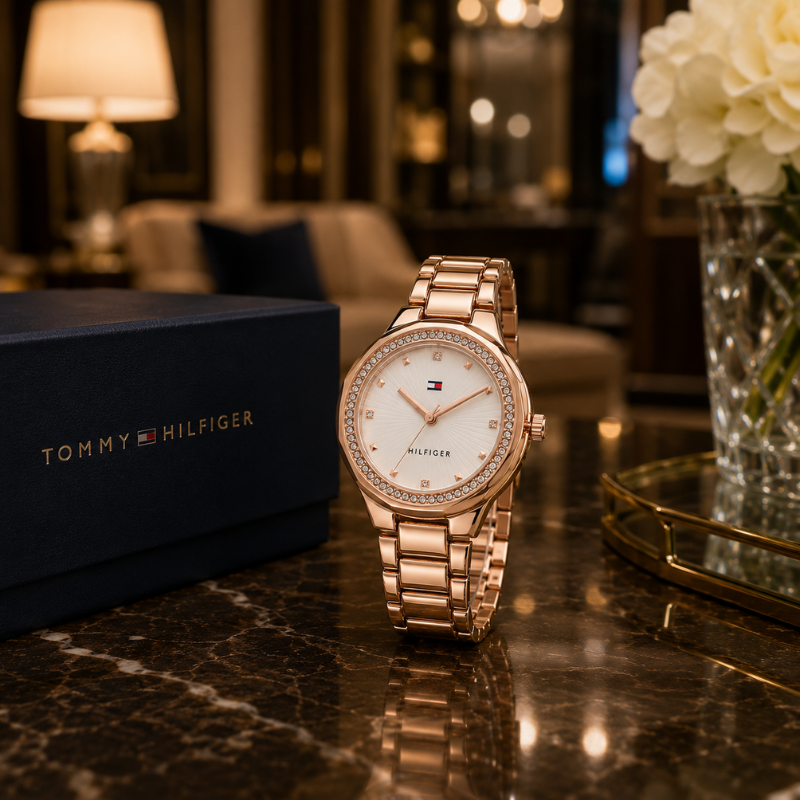 Tom_my Hil_figer Women's Analog White Dial Watch with Rose Gold Stainless Steel Bracelet | Crystal Bezel Luxury Wrist Watch