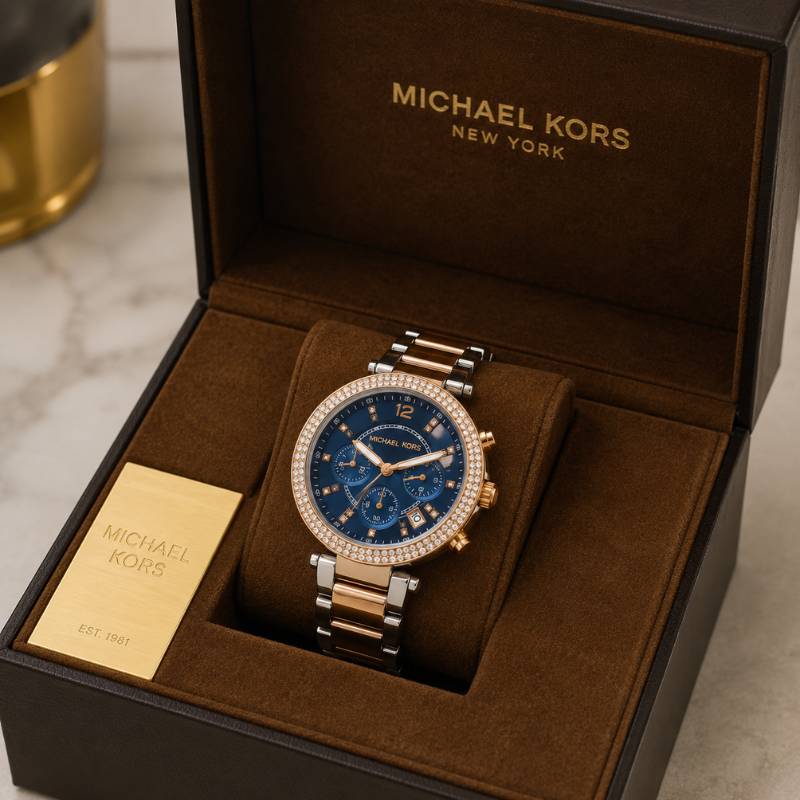 Mic_hael Ko_rs Women's Analog Blue Multi-Function Dial Watch with Two-Tone Stainless Steel Bracelet | Crystal Bezel Luxury Wrist Watch
