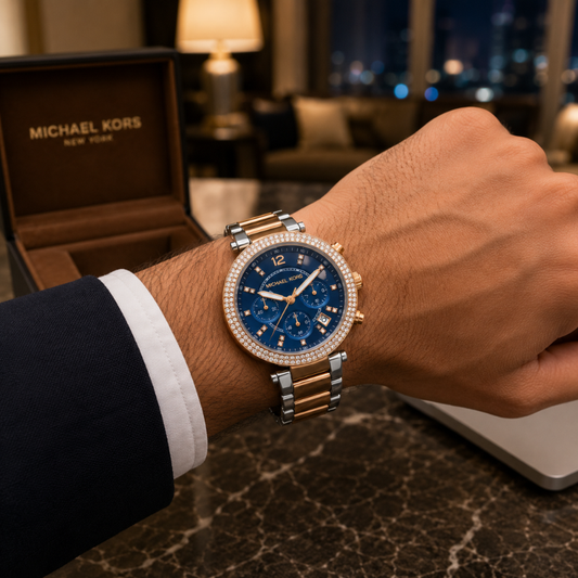 Mic_hael Ko_rs Women's Analog Blue Multi-Function Dial Watch with Two-Tone Stainless Steel Bracelet | Crystal Bezel Luxury Wrist Watch