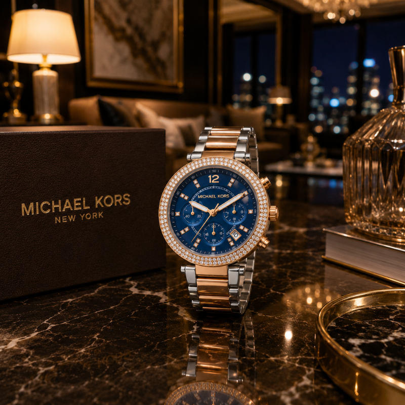 Mic_hael Ko_rs Women's Analog Blue Multi-Function Dial Watch with Two-Tone Stainless Steel Bracelet | Crystal Bezel Luxury Wrist Watch