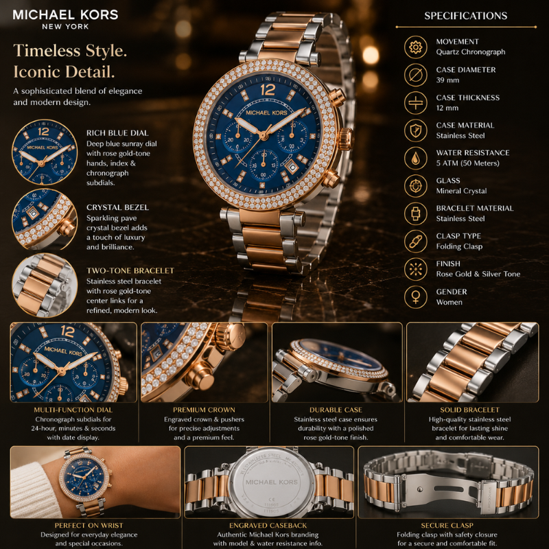 Mic_hael Ko_rs Women's Analog Blue Multi-Function Dial Watch with Two-Tone Stainless Steel Bracelet | Crystal Bezel Luxury Wrist Watch