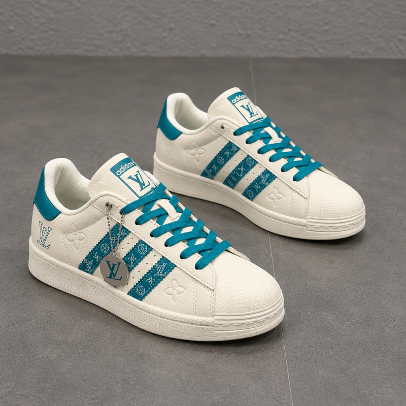 Lo_uis Vui_tton Men's White & Teal Leather Low-Top Sneakers | Luxury Designer Casual Shoes | Lace-Up Fashion Sneakers