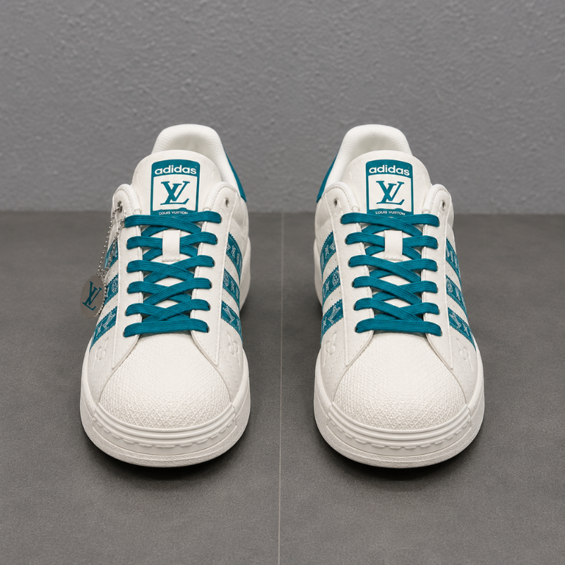 Lo_uis Vui_tton Men's White & Teal Leather Low-Top Sneakers | Luxury Designer Casual Shoes | Lace-Up Fashion Sneakers