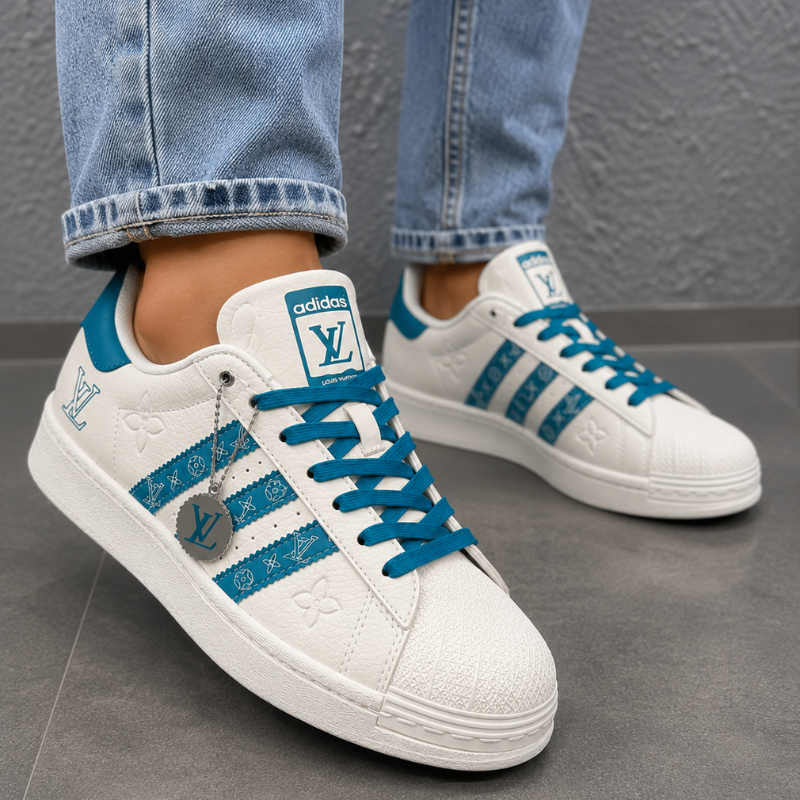 Lo_uis Vui_tton Men's White & Teal Leather Low-Top Sneakers | Luxury Designer Casual Shoes | Lace-Up Fashion Sneakers