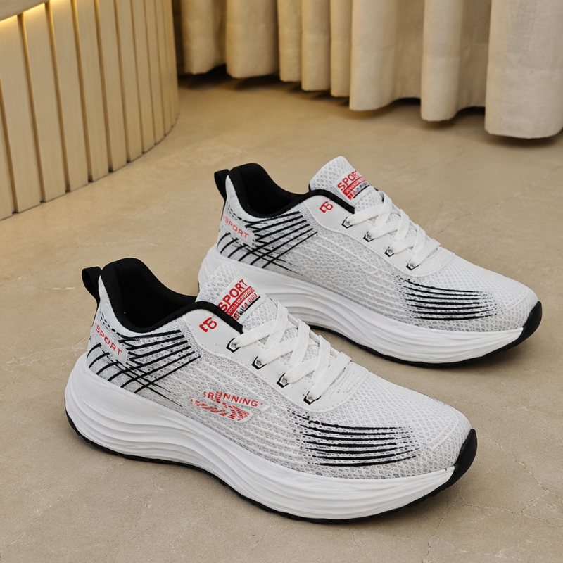 Ske_chers Men's Lightweight Sports Running Shoes | Breathable Mesh Upper | Cushioned Sole | Lace-Up Walking & Training Sneakers | White/Black