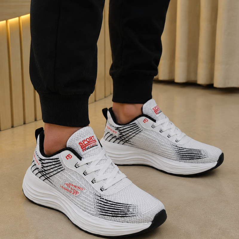 Ske_chers Men's Lightweight Sports Running Shoes | Breathable Mesh Upper | Cushioned Sole | Lace-Up Walking & Training Sneakers | White/Black