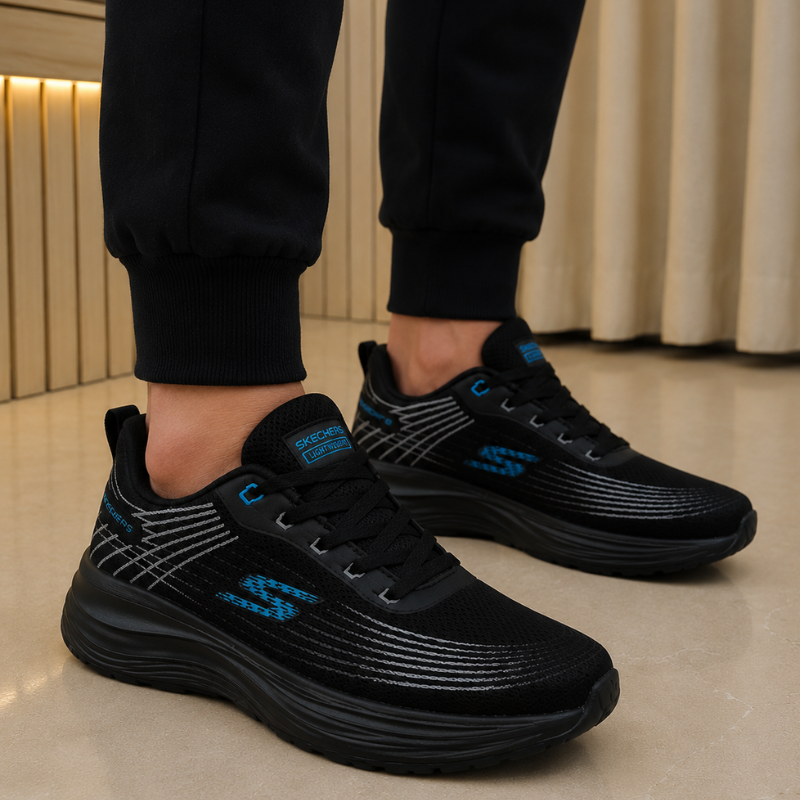 Skec_hers Men's Lightweight Running Shoes | Breathable Mesh Upper | Cushioned Sports Sneakers | Black/Blue