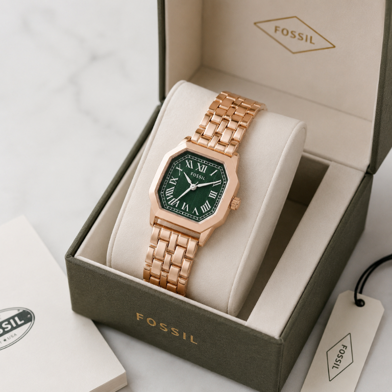 Fos_sil Rose Gold Analog Watch for Women | Green Roman Dial | Stainless Steel Bracelet | Premium Quartz Wrist Watch