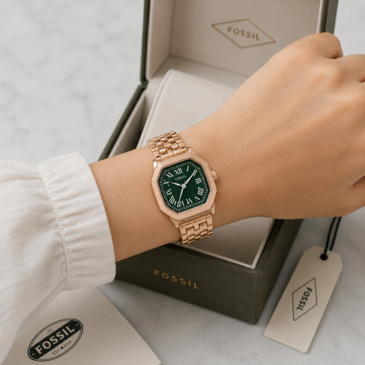 Fos_sil Rose Gold Analog Watch for Women | Green Roman Dial | Stainless Steel Bracelet | Premium Quartz Wrist Watch