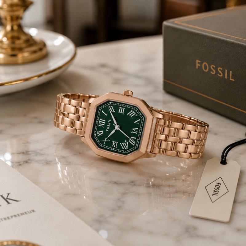 Fos_sil Rose Gold Analog Watch for Women | Green Roman Dial | Stainless Steel Bracelet | Premium Quartz Wrist Watch