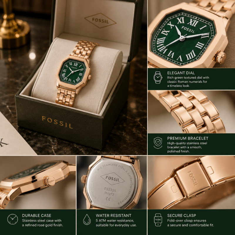 Fos_sil Rose Gold Analog Watch for Women | Green Roman Dial | Stainless Steel Bracelet | Premium Quartz Wrist Watch