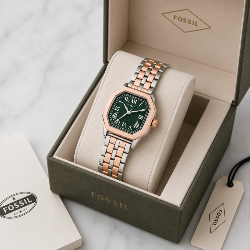 Fos_sil Women's Two-Tone Analog Watch | Green Roman Dial | Rose Gold & Silver Stainless Steel Bracelet | Premium Quartz Wrist Watch
