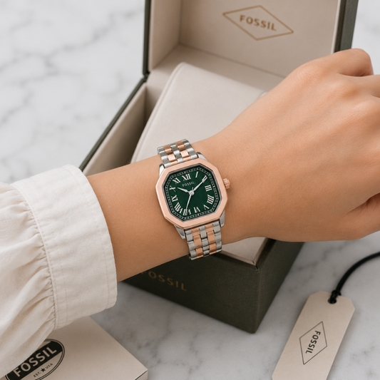 Fos_sil Women's Two-Tone Analog Watch | Green Roman Dial | Rose Gold & Silver Stainless Steel Bracelet | Premium Quartz Wrist Watch