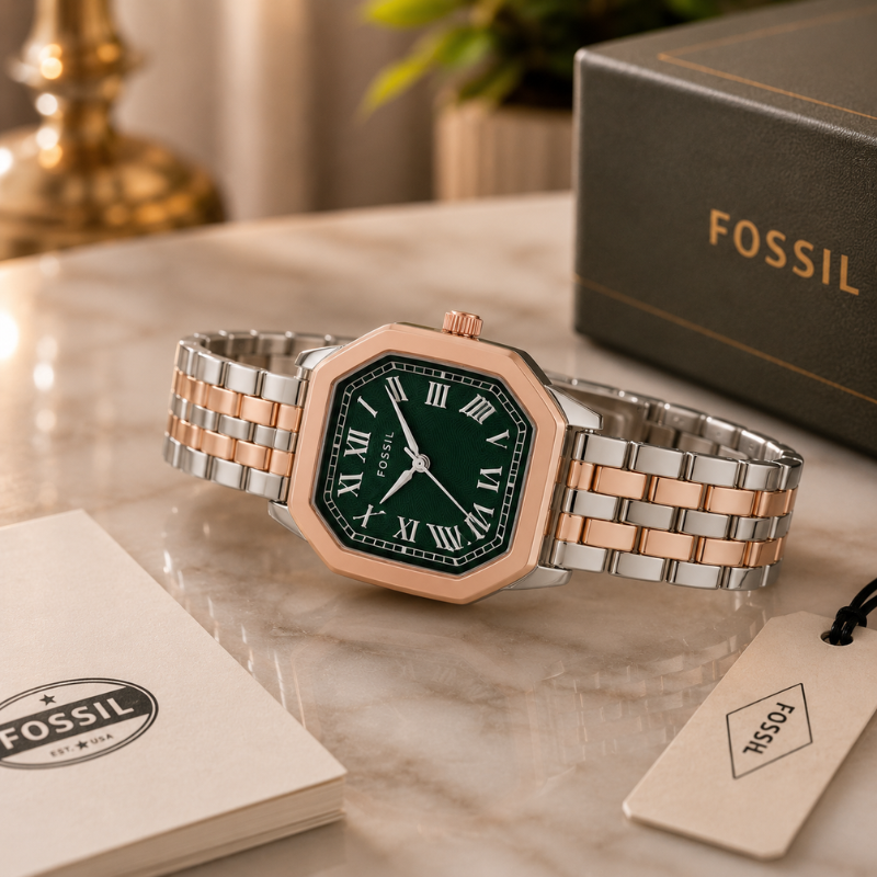 Fos_sil Women's Two-Tone Analog Watch | Green Roman Dial | Rose Gold & Silver Stainless Steel Bracelet | Premium Quartz Wrist Watch