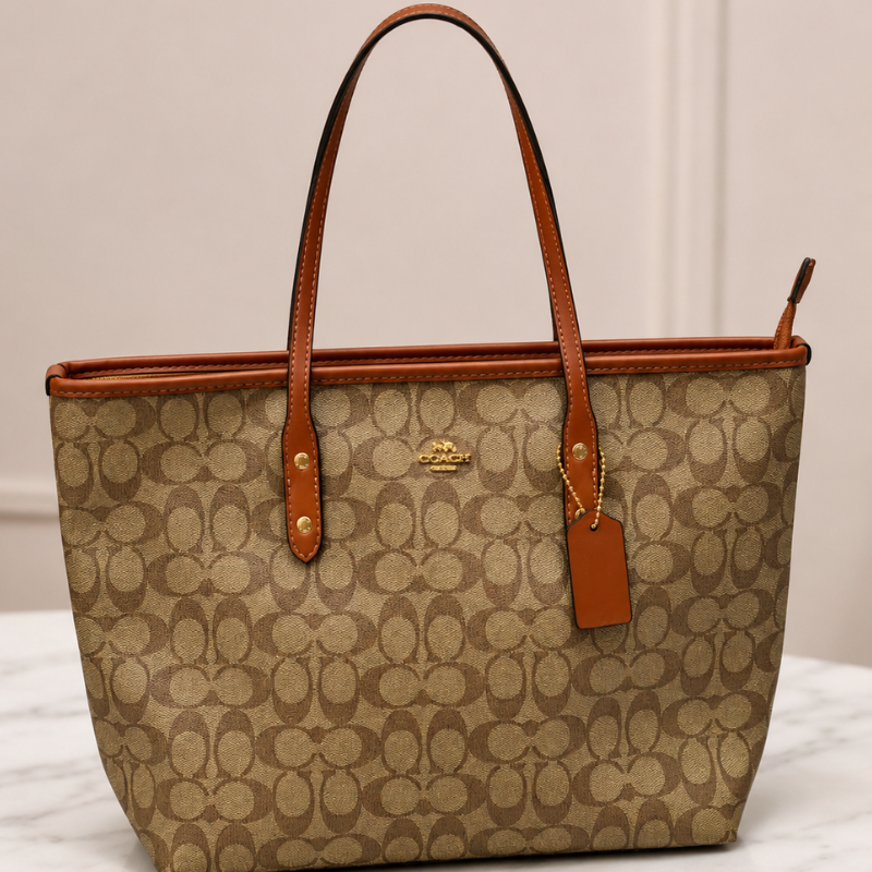 Co_ach Women's Signature Canvas Tote Bag | Brown Monogram Shoulder Handbag | Premium Leather Trim | Spacious Everyday Tote