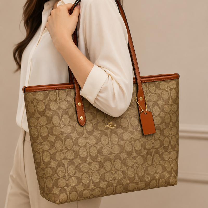 Co_ach Women's Signature Canvas Tote Bag | Brown Monogram Shoulder Handbag | Premium Leather Trim | Spacious Everyday Tote