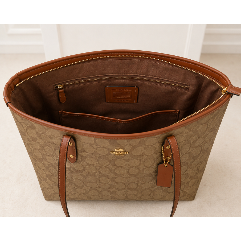 Co_ach Women's Signature Canvas Tote Bag | Brown Monogram Shoulder Handbag | Premium Leather Trim | Spacious Everyday Tote