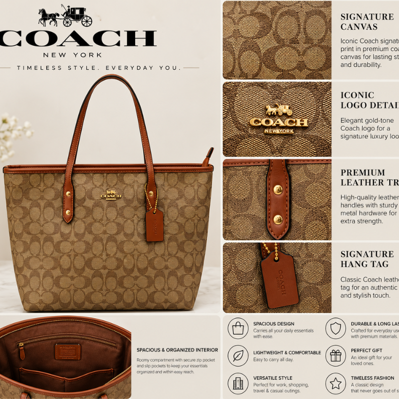 Co_ach Women's Signature Canvas Tote Bag | Brown Monogram Shoulder Handbag | Premium Leather Trim | Spacious Everyday Tote