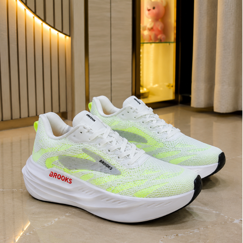 Bro_oks Men's Running Shoes | White & Neon Green Lightweight Sports Sneakers | Breathable Mesh Athletic Shoes