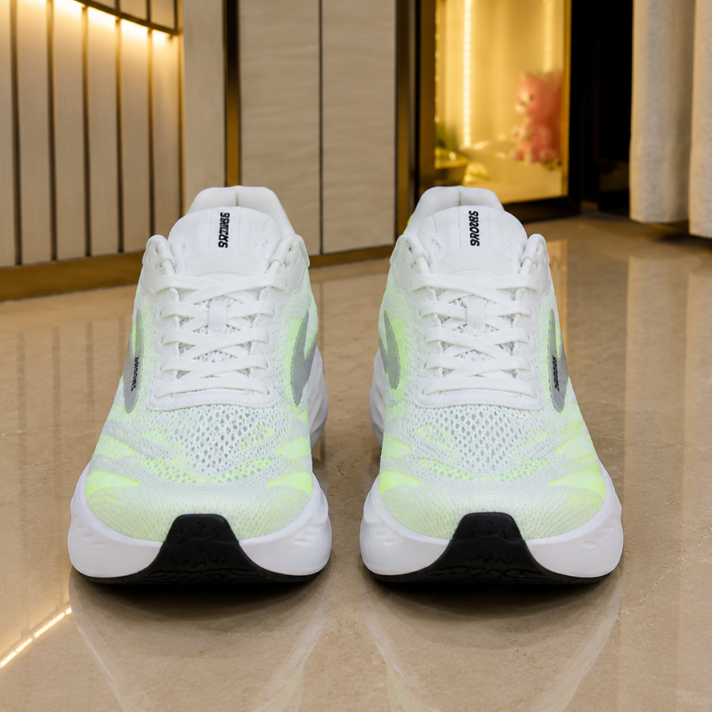 Bro_oks Men's Running Shoes | White & Neon Green Lightweight Sports Sneakers | Breathable Mesh Athletic Shoes