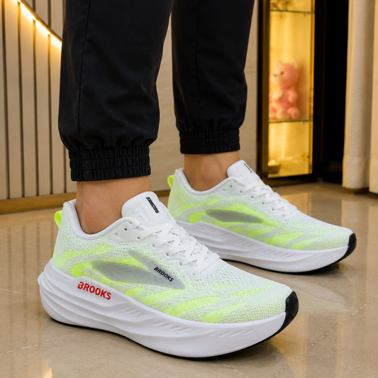 Bro_oks Men's Running Shoes | White & Neon Green Lightweight Sports Sneakers | Breathable Mesh Athletic Shoes