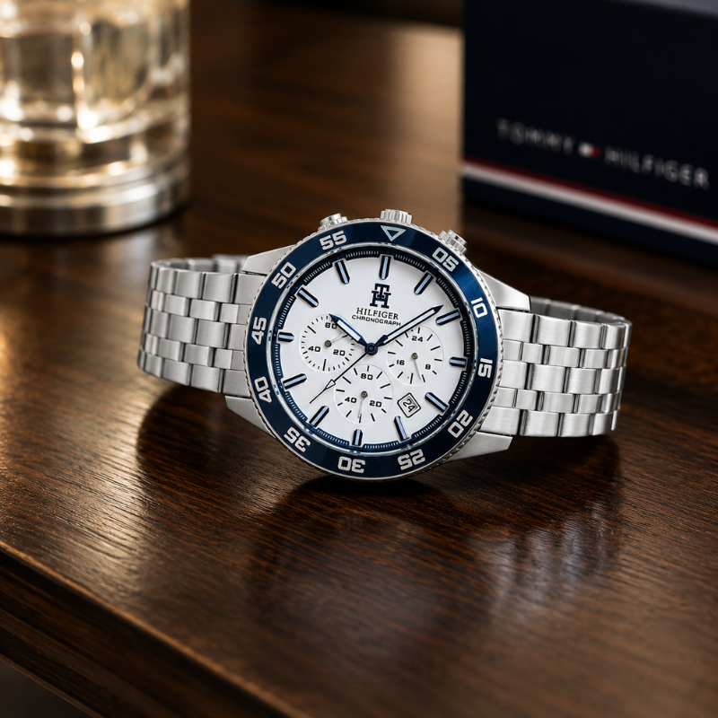 Tom_my Hilfi_ger Men's Premium Stainless Steel Chronograph Analog Watch | White Dial | Blue Bezel | Silver StrapV