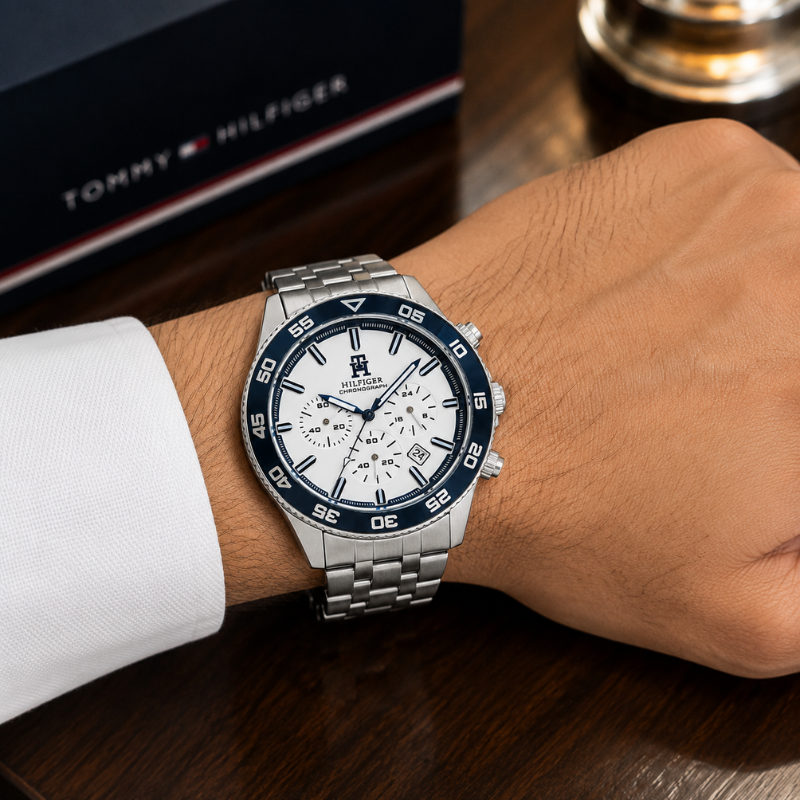 Tom_my Hilfi_ger Men's Premium Stainless Steel Chronograph Analog Watch | White Dial | Blue Bezel | Silver StrapV