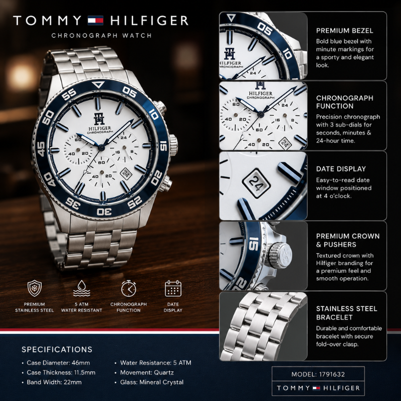 Tom_my Hilfi_ger Men's Premium Stainless Steel Chronograph Analog Watch | White Dial | Blue Bezel | Silver StrapV