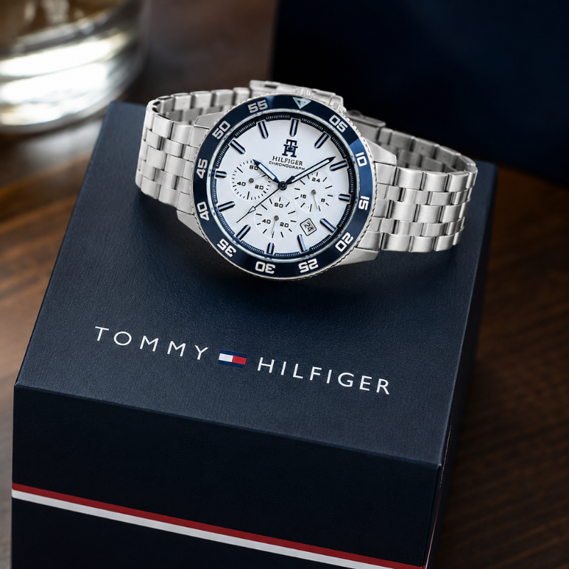 Tom_my Hilfi_ger Men's Premium Stainless Steel Chronograph Analog Watch | White Dial | Blue Bezel | Silver StrapV