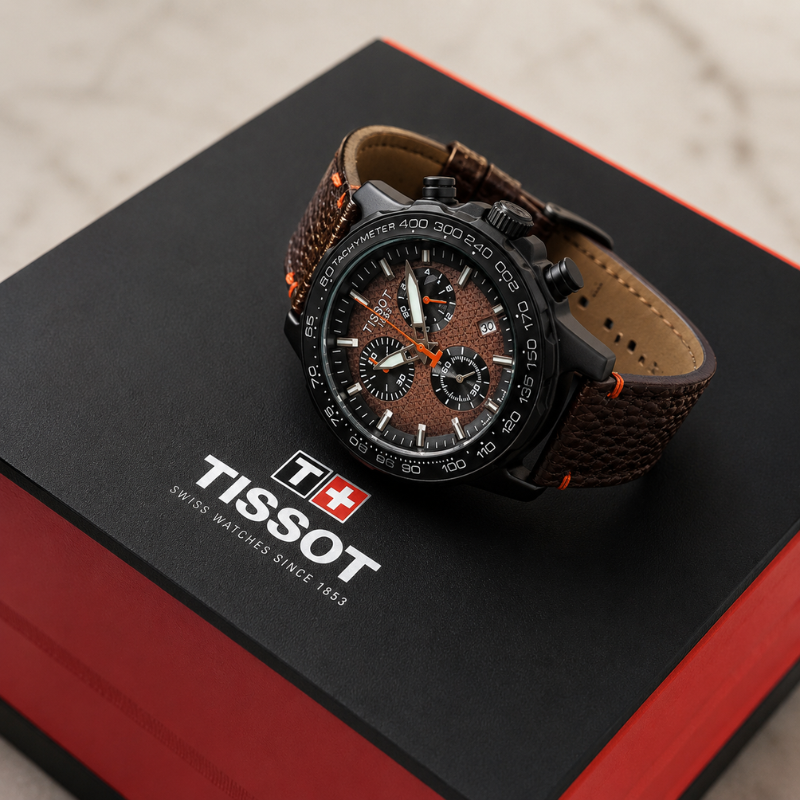 Tis_sot Men's Premium Chronograph Analog Watch | Brown Textured Dial | Black Case | Genuine Leather Strap