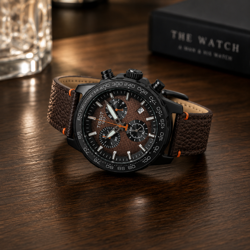 Tis_sot Men's Premium Chronograph Analog Watch | Brown Textured Dial | Black Case | Genuine Leather Strap