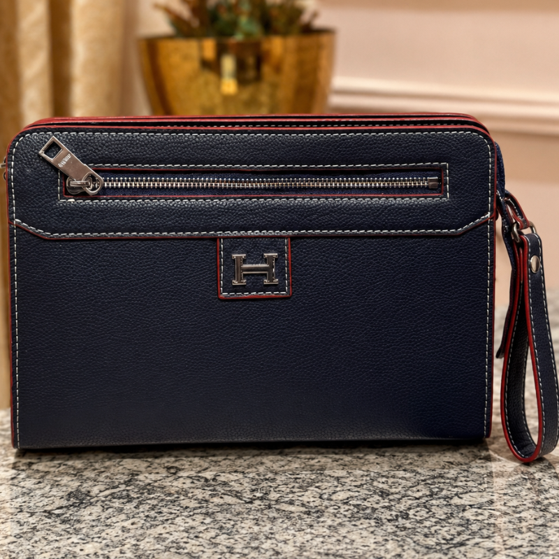 Her_mès Style Men's Premium Leather Clutch Bag | Navy Blue | Multi-Compartment | Detachable Wrist Strap