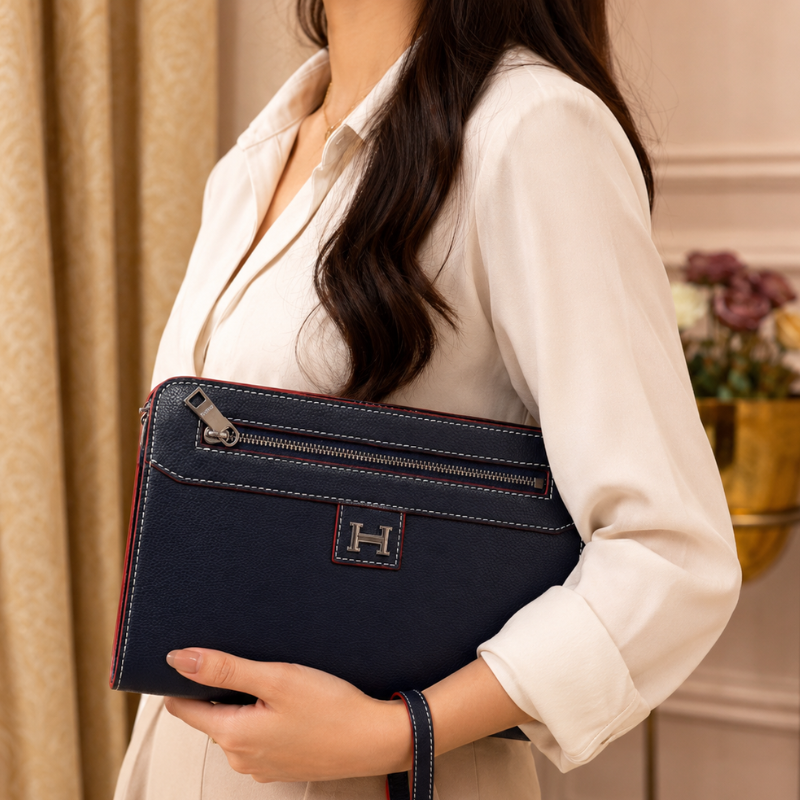 Her_mès Style Men's Premium Leather Clutch Bag | Navy Blue | Multi-Compartment | Detachable Wrist Strap