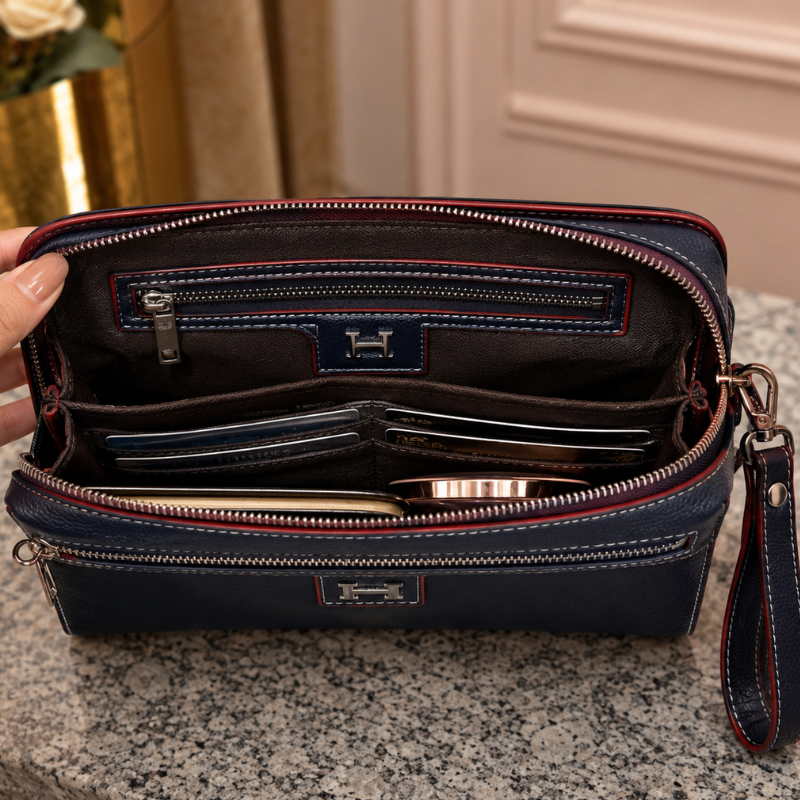 Her_mès Style Men's Premium Leather Clutch Bag | Navy Blue | Multi-Compartment | Detachable Wrist Strap