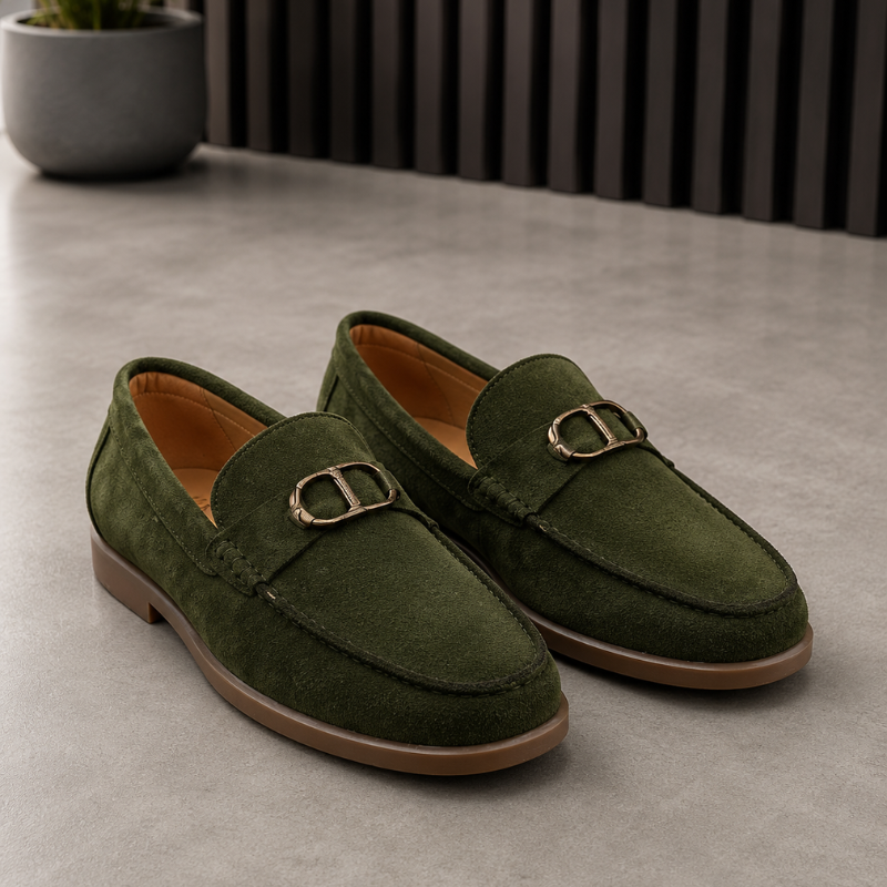 Pre_mium di_or  Men's Olive Green Suede Loafers | Metal Horsebit Buckle | Slip-On Formal & Casual Shoes