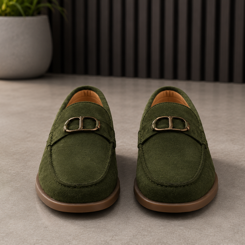 Pre_mium di_or  Men's Olive Green Suede Loafers | Metal Horsebit Buckle | Slip-On Formal & Casual Shoes