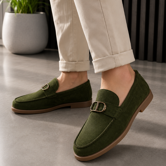 Pre_mium di_or  Men's Olive Green Suede Loafers | Metal Horsebit Buckle | Slip-On Formal & Casual Shoes