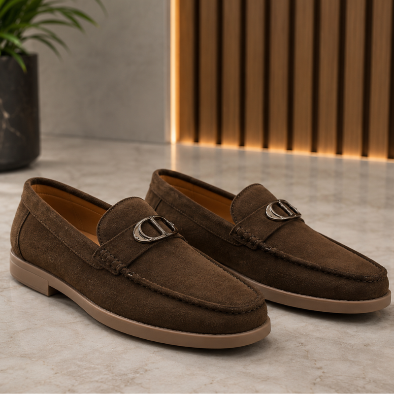 Pre_mium di_or Men's Brown Suede Loafers | Metal Horsebit Buckle | Slip-On Formal & Casual Shoes