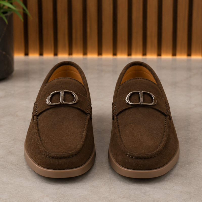 Pre_mium di_or Men's Brown Suede Loafers | Metal Horsebit Buckle | Slip-On Formal & Casual Shoes