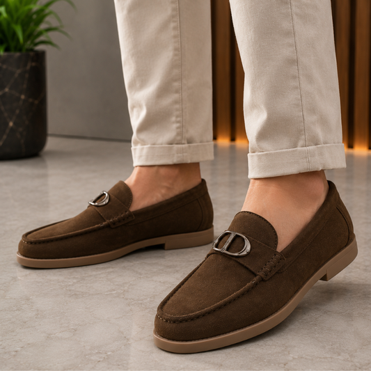 Pre_mium di_or Men's Brown Suede Loafers | Metal Horsebit Buckle | Slip-On Formal & Casual Shoes