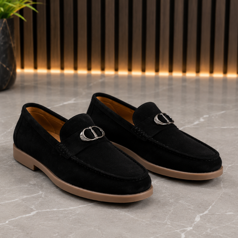 Pre_mium di_or Men's Black Suede Loafers | Metal Horsebit Buckle | Slip-On Formal & Casual Shoes