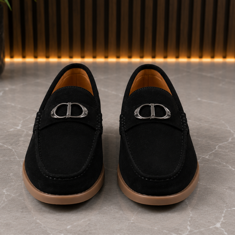 Pre_mium di_or Men's Black Suede Loafers | Metal Horsebit Buckle | Slip-On Formal & Casual Shoes