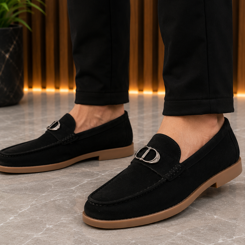 Pre_mium di_or Men's Black Suede Loafers | Metal Horsebit Buckle | Slip-On Formal & Casual Shoes