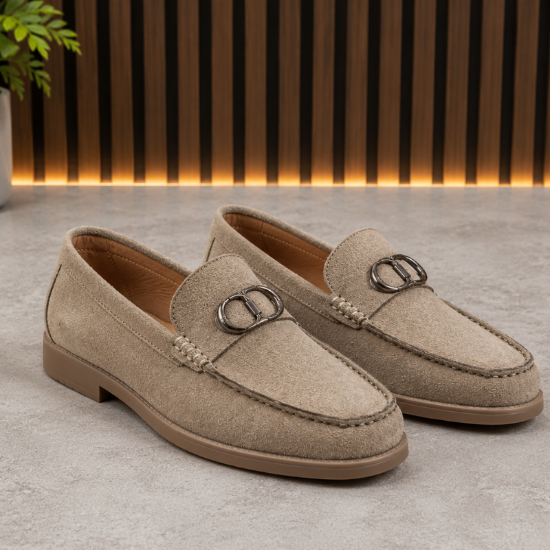 Pre_mium di_or Men's Beige Suede Loafers | Metal Horsebit Buckle | Slip-On Formal & Casual Shoes