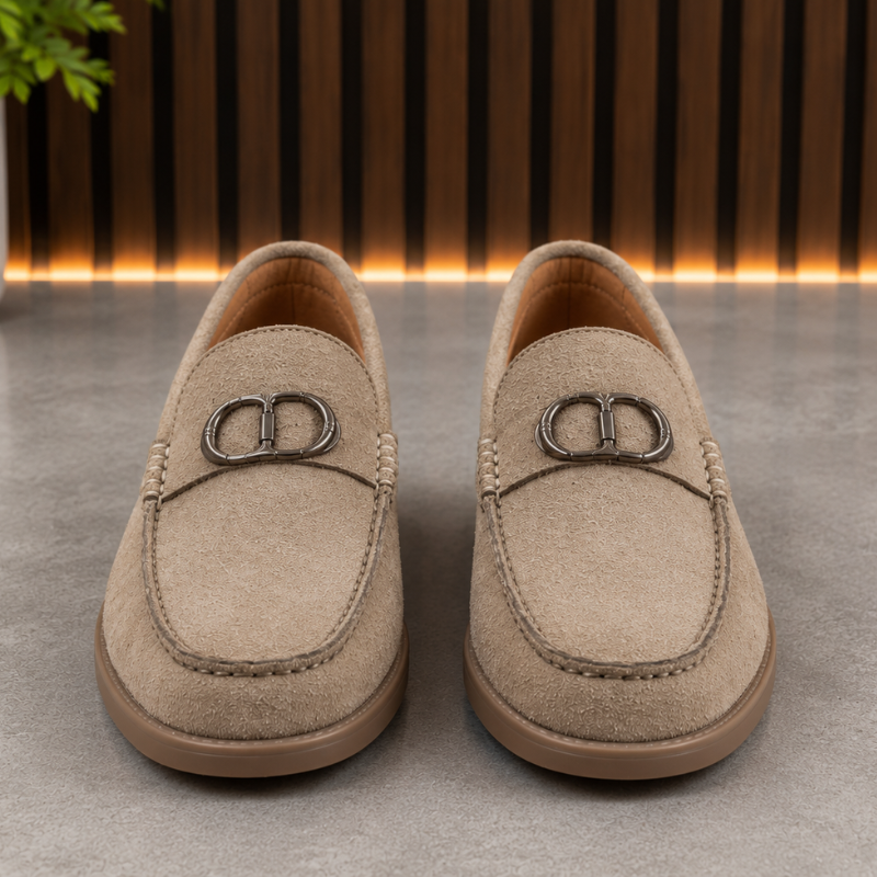 Pre_mium di_or Men's Beige Suede Loafers | Metal Horsebit Buckle | Slip-On Formal & Casual Shoes